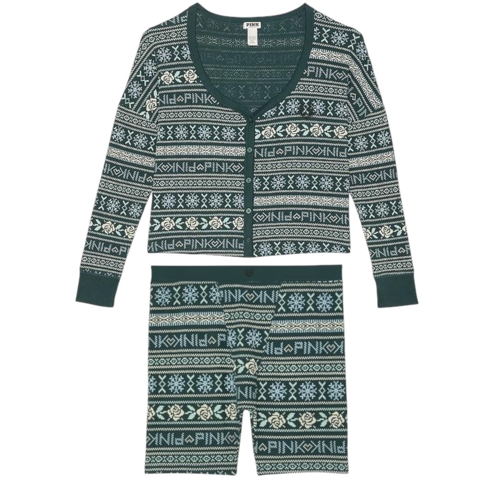 PINK Victoria's Secret Green Boxy Fair Isle Floral Thermal Pajama Set XXL New